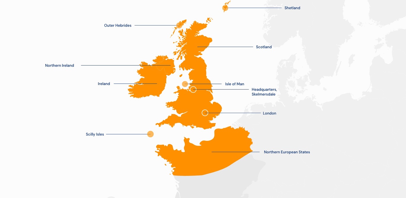 Where we work map including whole of UK, Ireland, and Northern European States Where we work map including whole of UK, Ireland, and Northern European States